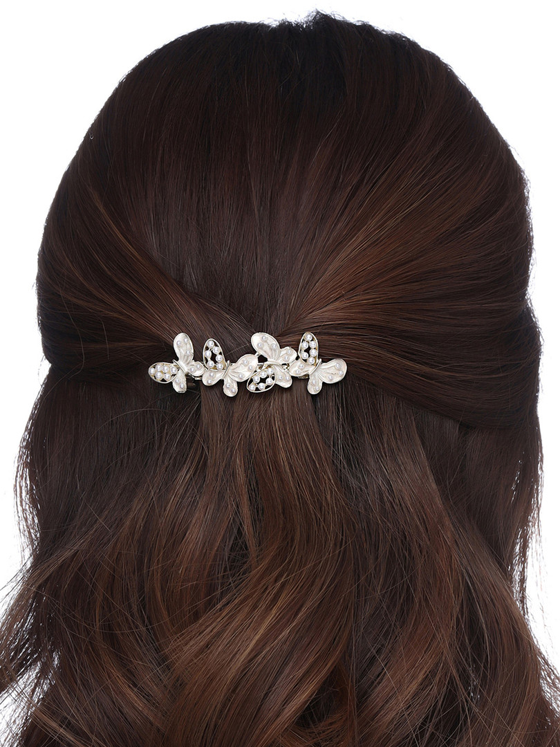 Yellow Chimes Women White & Gold-Toned Pearl Butterfly Designed French Barrette Hairclips